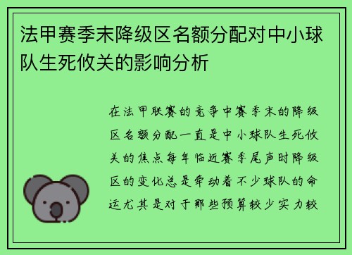 法甲赛季末降级区名额分配对中小球队生死攸关的影响分析