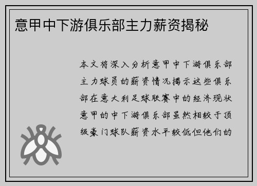 意甲中下游俱乐部主力薪资揭秘