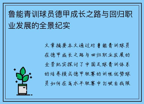 鲁能青训球员德甲成长之路与回归职业发展的全景纪实