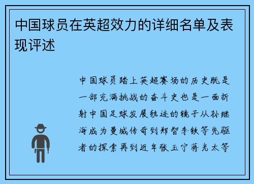 中国球员在英超效力的详细名单及表现评述