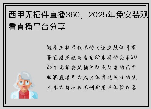 西甲无插件直播360，2025年免安装观看直播平台分享